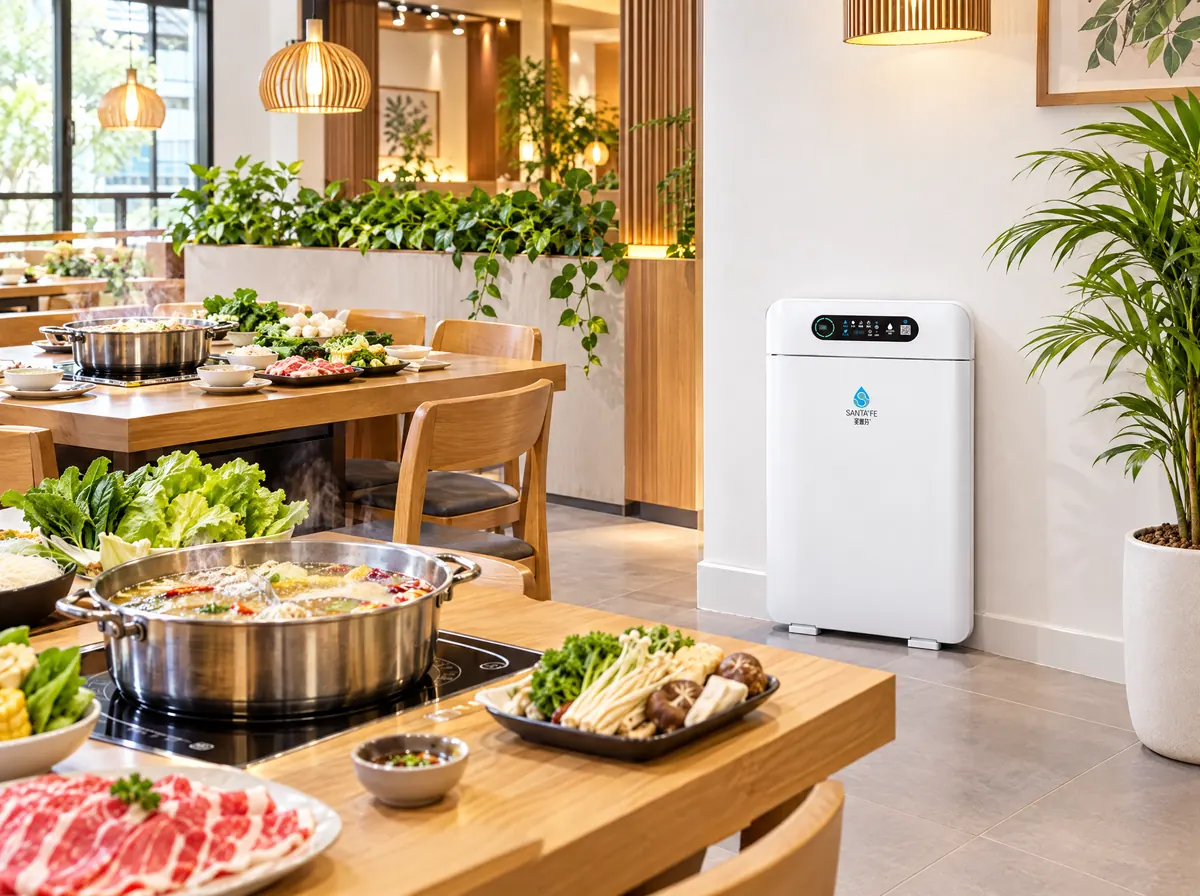 SantaFe AM01 air purifier in a steamboat restaurant beside hotpot tables